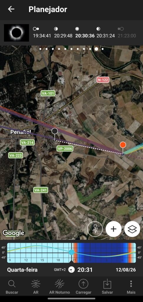 Screenshot do PhotoPills com o enquadramento do eclipse solar total de 2026 com o Castelo de Peñafiel, região de Valladolid — 1 minuto e 36 segundos de totalidade
